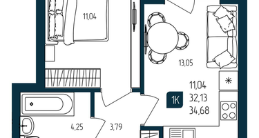 1-к. квартира, 32&nbsp;м²