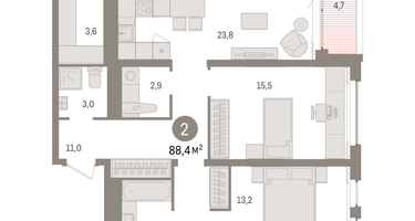 2-к. квартира, 88&nbsp;м²