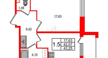 1-к. квартира, 42 м²