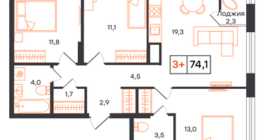 3-к. квартира, 74&nbsp;м²