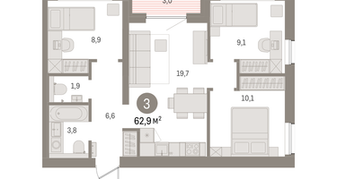 3-к. квартира, 62&nbsp;м²