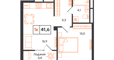 1-к. квартира, 41&nbsp;м²