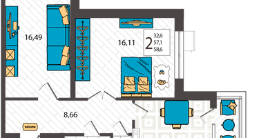 2-к. квартира, 58&nbsp;м²