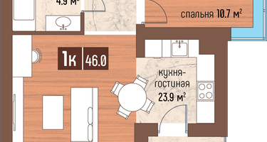 1-к. квартира, 46&nbsp;м²