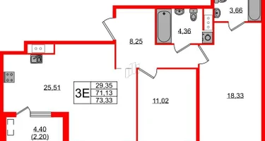 2-к. квартира, 73&nbsp;м²