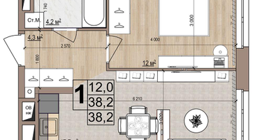 1-к. квартира, 38&nbsp;м²