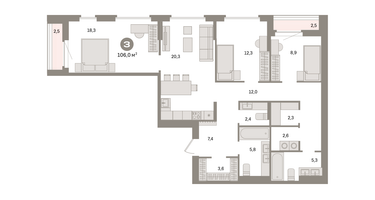 3-к. квартира, 106&nbsp;м²