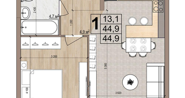 1-к. квартира, 44&nbsp;м²