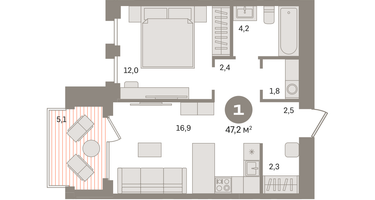 1-к. квартира, 47 м²