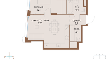 1-к. квартира, 46&nbsp;м²