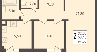 2-к. квартира, 64&nbsp;м²