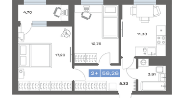 2-к. квартира, 58&nbsp;м²