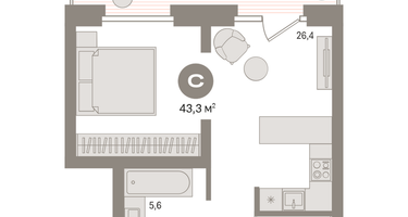 1-к. квартира, 43&nbsp;м²
