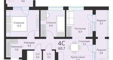 4-к. квартира, 60 м²