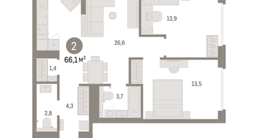2-к. квартира, 66&nbsp;м²