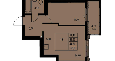 1-к. квартира, 42&nbsp;м²
