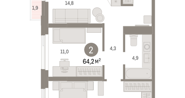 2-к. квартира, 64&nbsp;м²