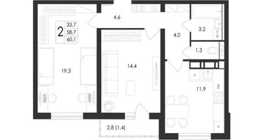 2-к. квартира, 60&nbsp;м²