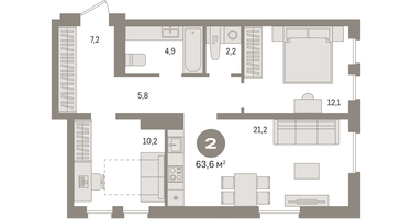 2-к. квартира, 63 м²