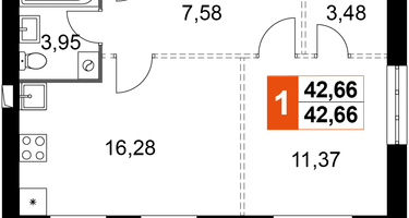 1-к. квартира, 42&nbsp;м²