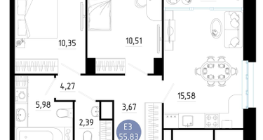 2-к. квартира, 55&nbsp;м²
