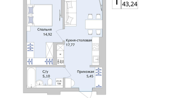 1-к. квартира, 43&nbsp;м²