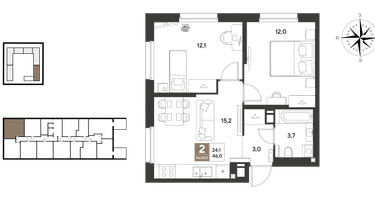 2-к. квартира, 46&nbsp;м²
