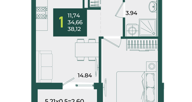 1-к. квартира, 38 м²