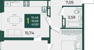 1-к. квартира, 42&nbsp;м²