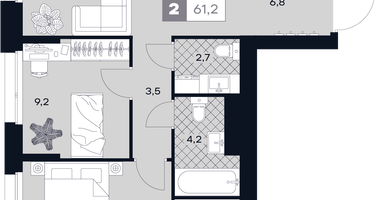 2-к. квартира, 61&nbsp;м²