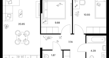 2-к. квартира, 55&nbsp;м²