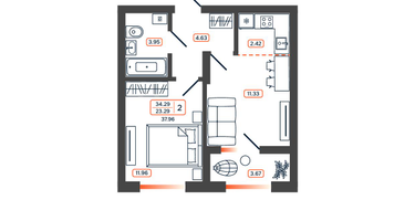 2-к. квартира, 37&nbsp;м²
