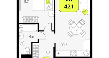 1-к. квартира, 42&nbsp;м²
