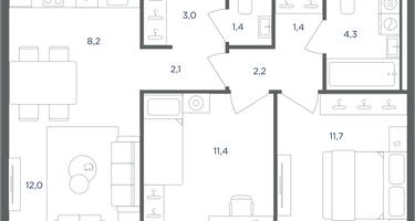 3-к. квартира, 57 м²