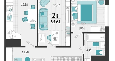 2-к. квартира, 50 м²