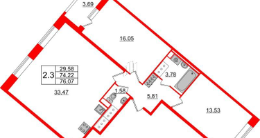 2-к. квартира, 74 м²