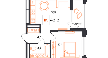 1-к. квартира, 42&nbsp;м²