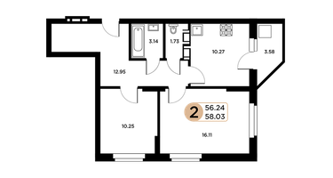 2-к. квартира, 57&nbsp;м²
