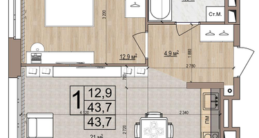 1-к. квартира, 43&nbsp;м²