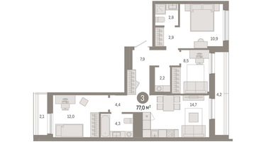 3-к. квартира, 77 м²