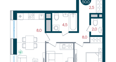 2-к. квартира, 50&nbsp;м²