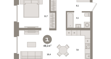 1-к. квартира, 48&nbsp;м²