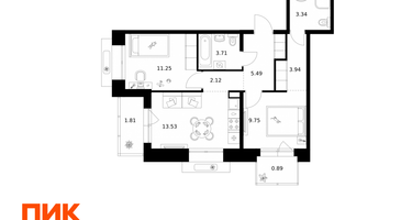 2-к. квартира, 55 м²