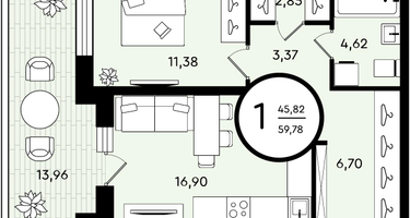 1-к. квартира, 59 м²