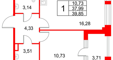 1-к. квартира, 42&nbsp;м²