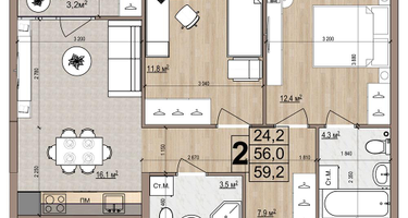2-к. квартира, 59&nbsp;м²