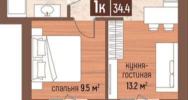 1-к. квартира, 34&nbsp;м²