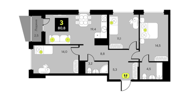 3-к. квартира, 80 м²