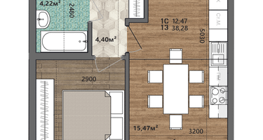 1-к. квартира, 38&nbsp;м²