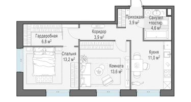 2-к. квартира, 57&nbsp;м²